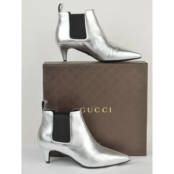 GUCCI BOOTS SILVER LEATHER ELASTIC SIDES KITTEN HEEL ANKLE BOOTIES sz 35.5 5.5